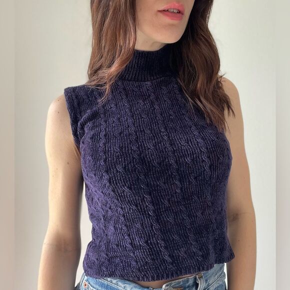525 America Purple Turtle Neck Cropped Sleeveless Ribbed Top - Picture 7 of 9